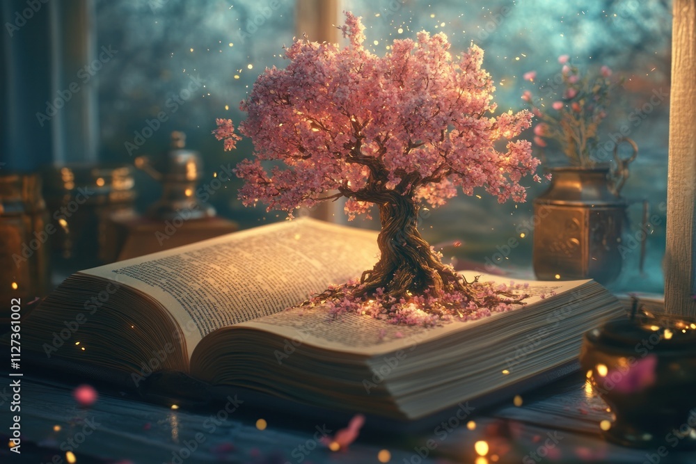 Poster magical tree emerges from open book in dreamy setting