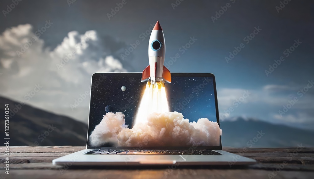 Poster launching space rocket from laptop screen a stunning visual representation of space exploration and 