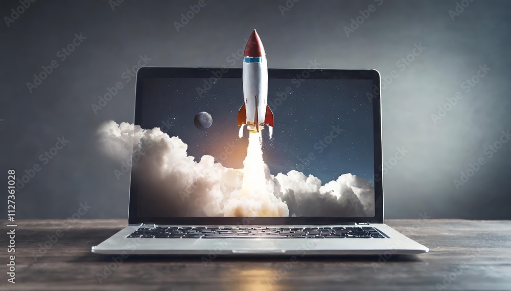 Poster launching space rocket from laptop screen a captivating visual journey into the future of space expl