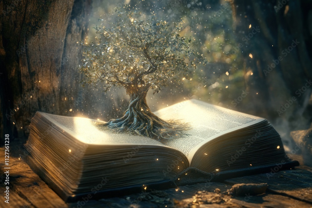 Poster magical tree emerges from open book in enchanted setting
