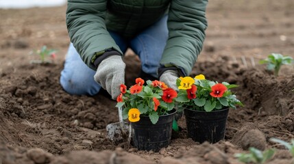 Fototapeta premium Individual excavating a hole to cultivate vibrant, colorful flowers in a picturesque garden space.