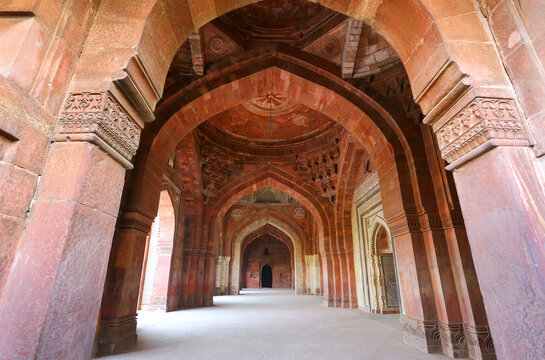 DELHI, INDIA - NOVEMBER 6: Interior of Qila-i-kuna Mosque in Purana Qila on November 6, 2014 in Delhi, India. Purana Qila is the oldest known structure of any type in Delhi.