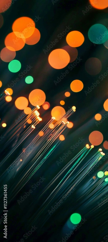 Poster fiber optic cables transmit data, creating a mesmerizing visual with a blurred bokeh effect in the b