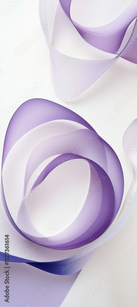Poster smooth purple and violet ribbons are swirling and creating abstract shapes against a clean white bac