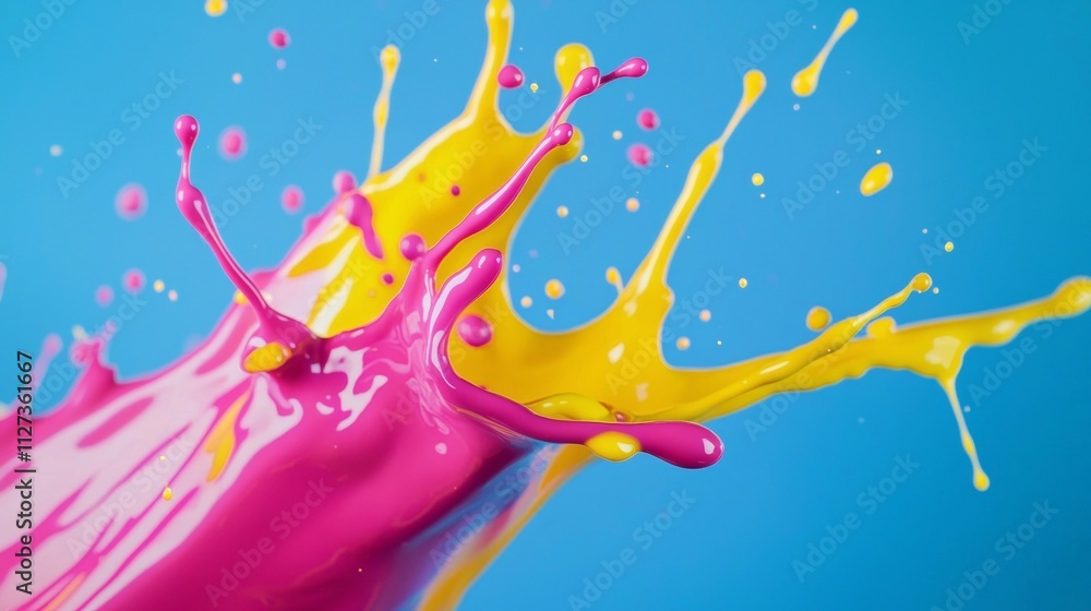 Poster pink and yellow paint splashing and mixing vibrantly against a bold blue background, creating a stun