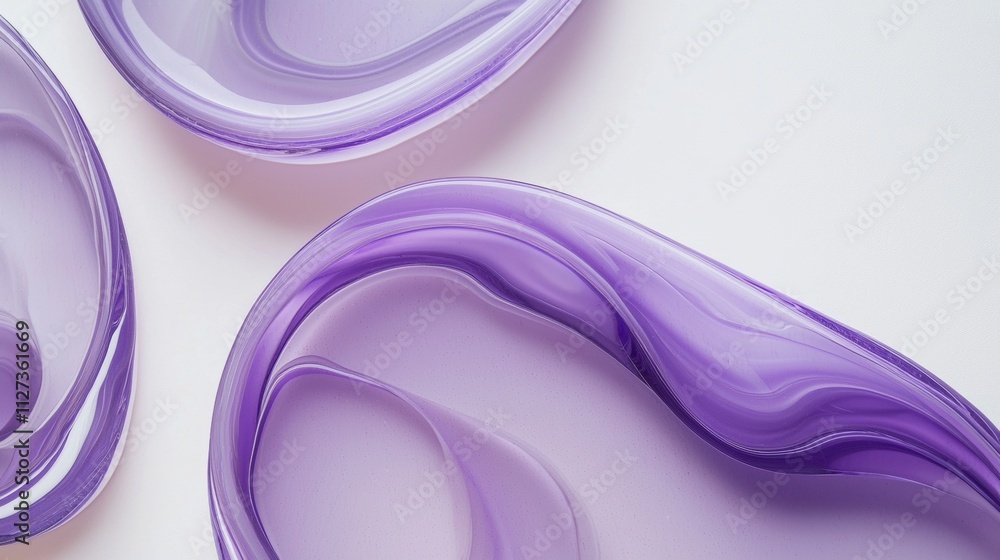 Poster three purple glass plates with irregular shapes are laying on a white background, creating an abstra
