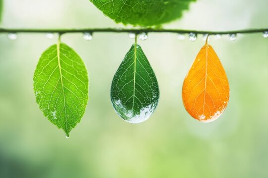 Water droplets hanging from leaves changing color during autumn season