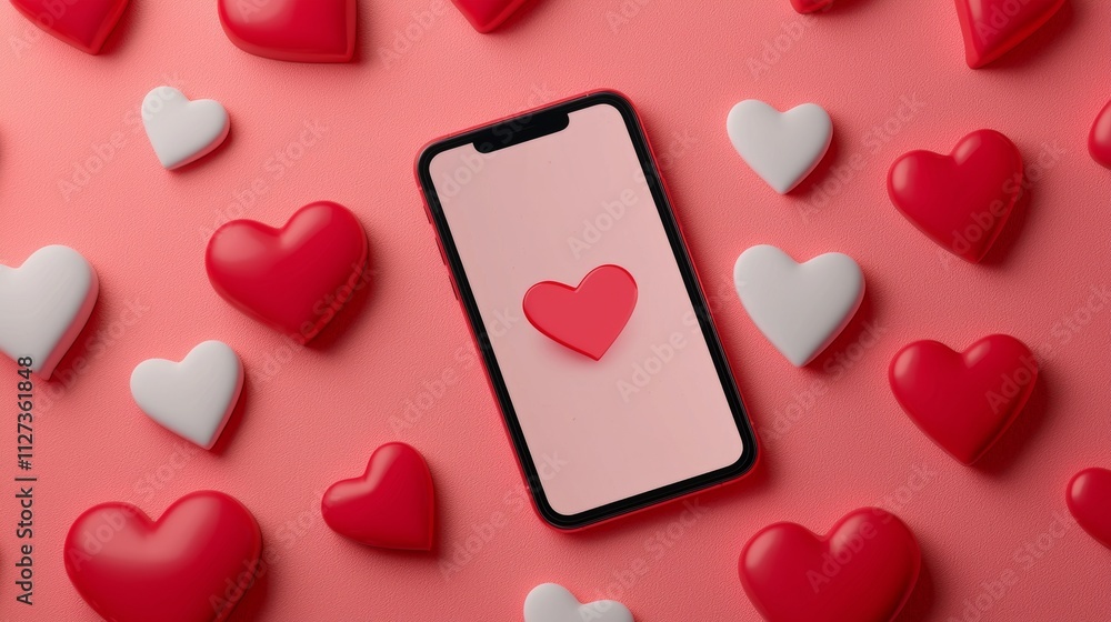 Poster pink and white hearts surrounding a smartphone displaying a heart symbol on a pink screen create a r
