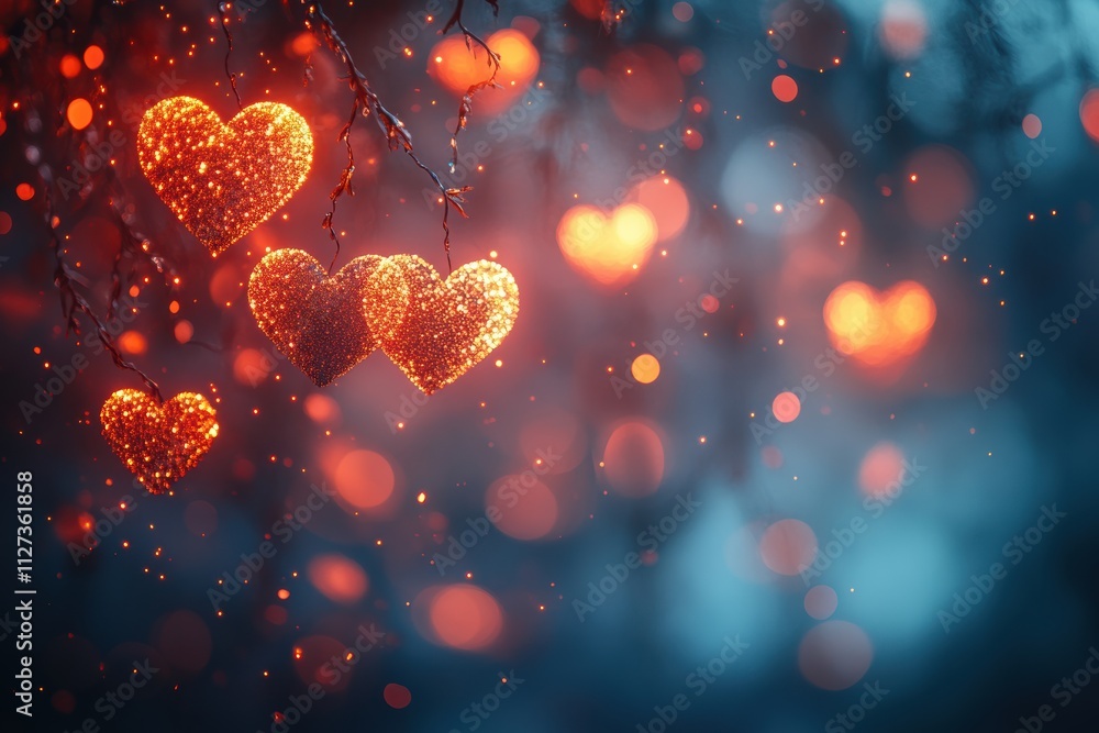 Poster soft blurred heart bokeh background, creating a dreamy and romantic effect for versatile use.