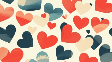 Colorful hearts in shades of red, blue, and cream float against a warm background, creating a romantic and festive atmosphere perfect for valentine's day or other love-themed projects