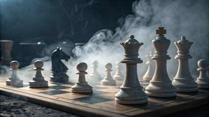 Smoky Chessboard Composition Dramatic Low-Key Image of Wooden Chess Pieces, Strategy Game Concept, Chess Photography Chess, Strategy