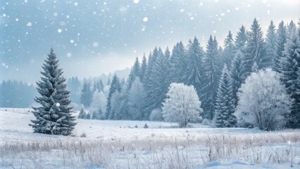 Naklejka premium Snowy Winter Landscape Frosty Trees, Falling Snow, Serene Field, Winter Wonderland. Winter Scenery, Snowfall