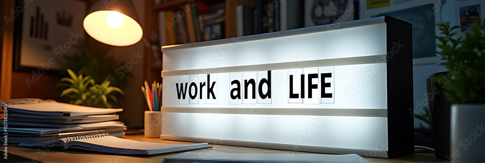 Aufkleber work and life concepts are displayed on a light box in a cluttered home office, promoting positive e