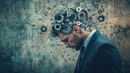 Overwhelmed Businessman: Gears and Mental Breakdown