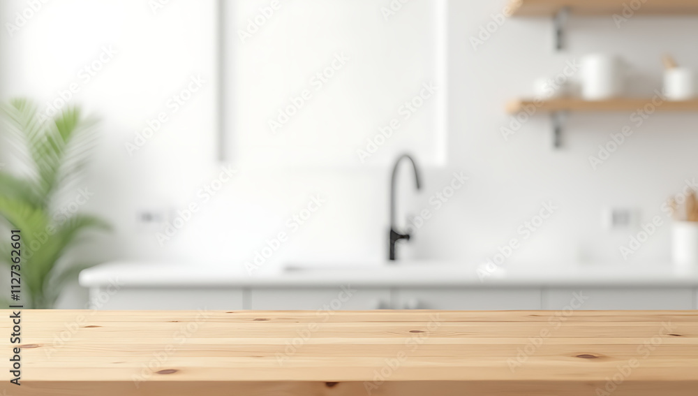 Poster wooden table top with beautiful texture on a minimalist white background in a modern kitchen setting
