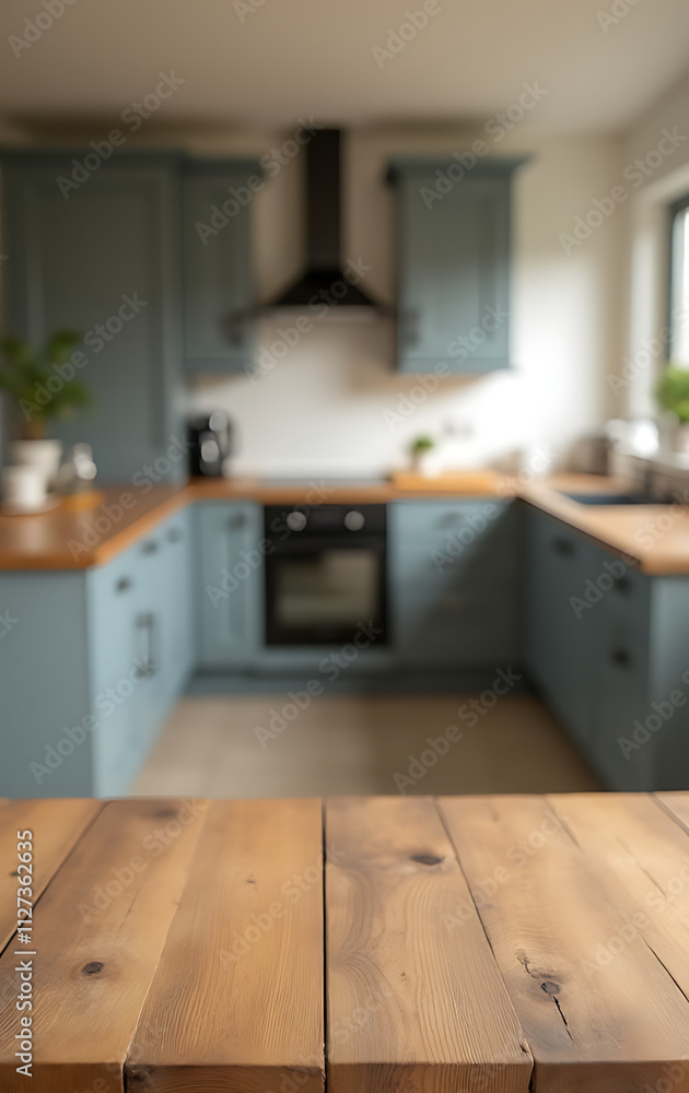 Poster Wooden table dominates blurred kitchen background with countertop and island in soft focus against a muted wall color tone._00002_