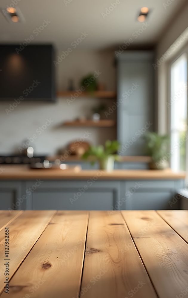 Poster Wooden table dominates blurred kitchen background with countertop and island in soft focus against a muted wall color tone._00003_