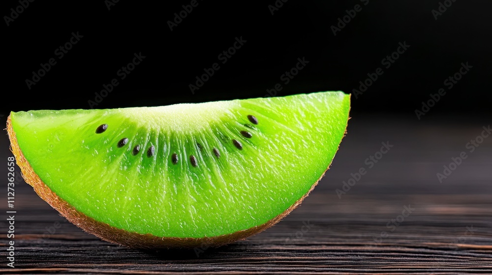 Poster vibrant green kiwi slice showcasing its unique texture and color against a dark background