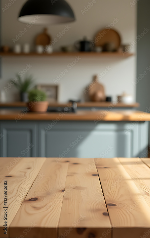 Poster Wooden table dominates blurred kitchen background with countertop and island in soft focus against a muted wall color tone._00001_