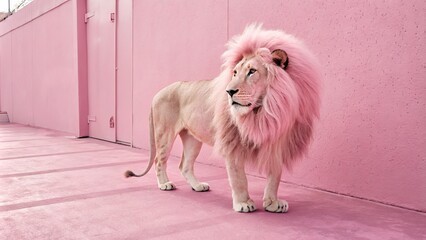 Pink Lion Against Pink Wall Minimalist Photography, Lion, Pink Background Lion Mane, Pastel Photography