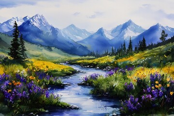 A painting of a river with mountains in the background