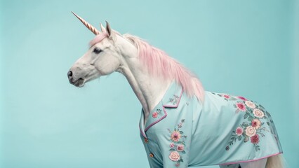 Pastel Unicorn in Floral Pajamas Profile View, Light Blue Background, Whimsical Fashion Photography, Unicorn Fashion, Fantasy Horse Unicorn Photography, Fashion Photography