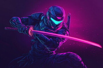 A stylized ninja character wielding a glowing sword in a vibrant, futuristic setting.