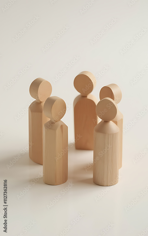 Poster wooden icons represent people and teamwork concepts highlighting collaboration and unity in a simple