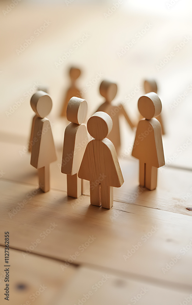 Poster wooden icons represent people and teamwork concepts highlighting collaboration and unity in a simple