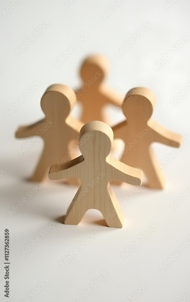 Poster wooden icons represent people and teamwork concepts highlighting collaboration and unity in a simple