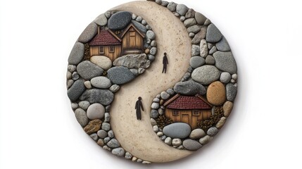 Obraz premium Yin yang pebble art with houses and path.