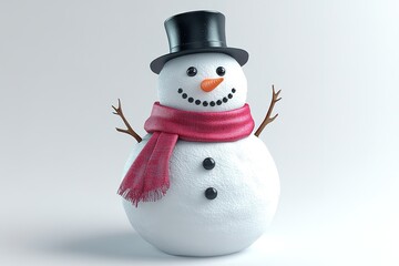 high realistic photo of cheerful snowman wearing red scarf and black top hat