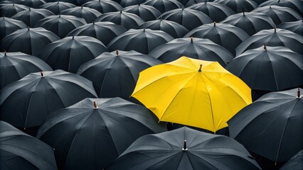 One Yellow Umbrella Among Many Black Umbrellas Composition, Photography, Stand Out, Uniqueness Keywords Standout, Uniqueness