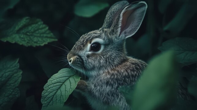 Close-up of a rabbit eating leaves in lush greenery.