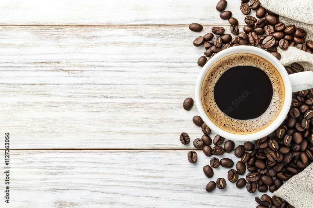 Poster top view of a coffee cup surrounded by coffee beans on a clean white table capturing bright daylight