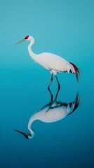 Obraz premium Whooping crane wading gracefully in shallow blue water, showcasing a full body reflection beneath the surface, highlighting its elegant red and white plumage in a serene natural habitat