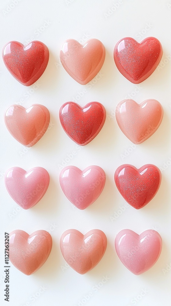 Poster twelve shiny hearts in shades of pink and red are arranged in a perfect grid on a white background, 