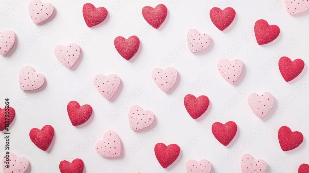 Aufkleber many small pink and red hearts, some with dots, create a repeating pattern on a white background, sy