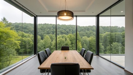 Modern Dining Room with Forest View Wooden Table, Black Leather Chairs, Pendant Light, Panoramic Windows, Minimalist Interior Design Modern Interior, Minimalist Design