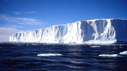 Iceberg Edge Against Clear Blue Sky and Calm Ocean Waters