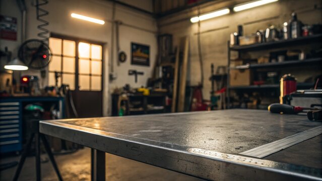 Metal Workshop Table Close-up, Industrial Interior, Tools, Workspace Workshop, Industrial Photography