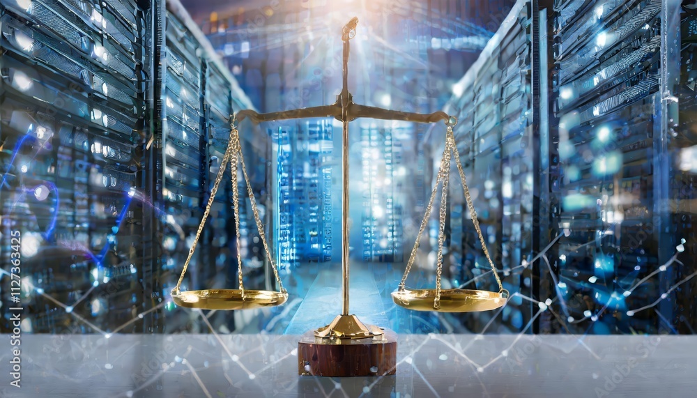 Aufkleber digital representation of law scales against a data center background exploring the duality of judic