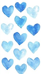 Obraz premium Hand-painted watercolor artwork featuring fifteen blue hearts in various shades against a clean white backdrop, perfect for valentine's day and romantic projects