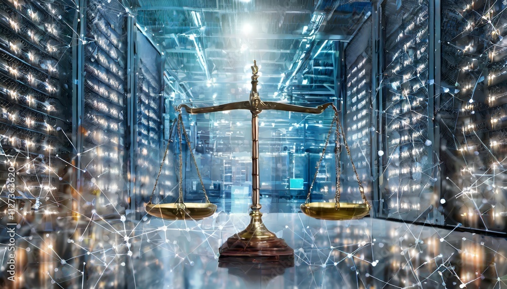 Poster digital law concept scales of justice against the data center background exploring the duality of ju