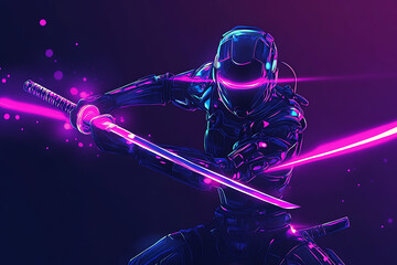 A futuristic warrior in neon armor wields a glowing katana against a vibrant backdrop.