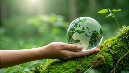 Hand Holding Glass Earth Globe on Moss, Green Nature Background, Environmental Conservation Concept, Eco-Friendly, Sustainability Eco-friendly, Sustainability