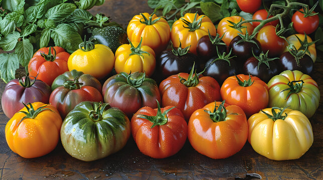 Vibrant assortment of heirloom tomatoes arranged beautifully on a rustic wooden surface alongside fresh herbs