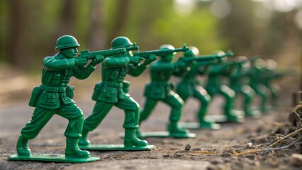 Green Plastic Army Men in Formation Shallow Depth of Field, Toy Soldiers, Military Concept, War Game Toy Soldiers, Military Photography