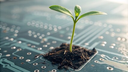 Green Sprout Emerging from Circuit Board Close-up Photography, Nature and Technology Concept, Soil, Plant Growth Sustainable Technology, Green Tech