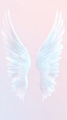 Fototapeta premium White feathered angel wings represent innocence, hope, and divine presence, creating a serene atmosphere of spiritual grace against a soft pink backdrop